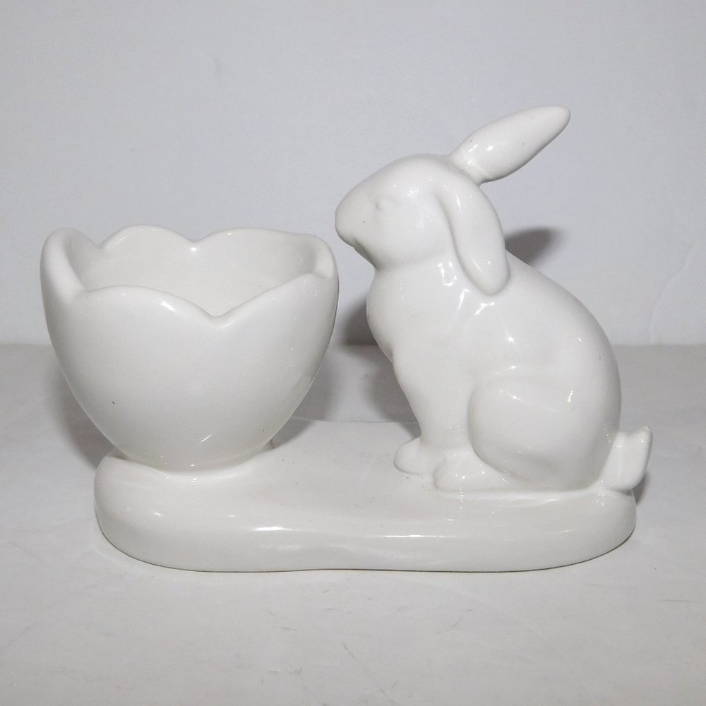 Easter Decor White Rabbit Bunny 5" Ceramic Egg Cup Holder